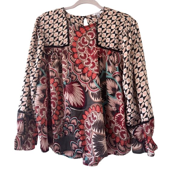 Fate Tops - Fate Womens Boho Mix Media Balloon Sleeve Silky Blouse Size L